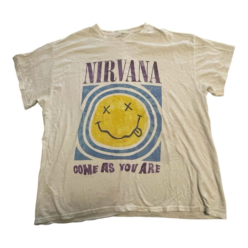 Nirvana White Adult XL T-Shirt Come As You Are Graphic Smiley Face Logo Cobain
